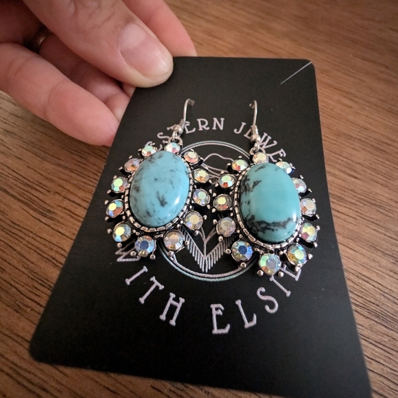 Turquoise and Silver Crystal Drop Earrings - Picture 6 of 6